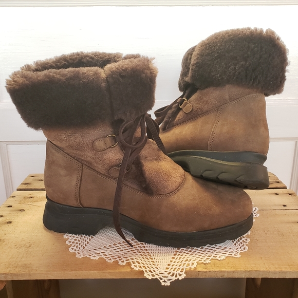 Born Shoes - La CANADIENNE Shearling Wool Lace Up Roll-cuff Combat Boots Brown Nubuck Boho 9